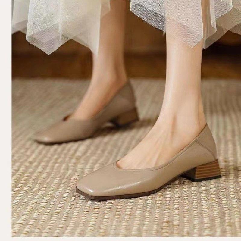 Fashion New Style Fashion Women's Genuine Leather Thick Square Toe Slip-on Pumps Style Daily Women's Luxury Heeled Shoes Zapatos Mujer