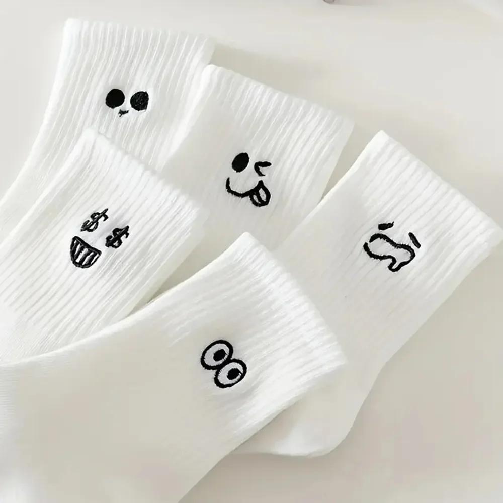 5 Paia Calzini Bianchi con Simpatico Motivo Espressione Cotone Volant Calzini alla Caviglia Calzini da Donna Cartoni Animati Tubo Medio Primavera Casual Calzini da Ragazza