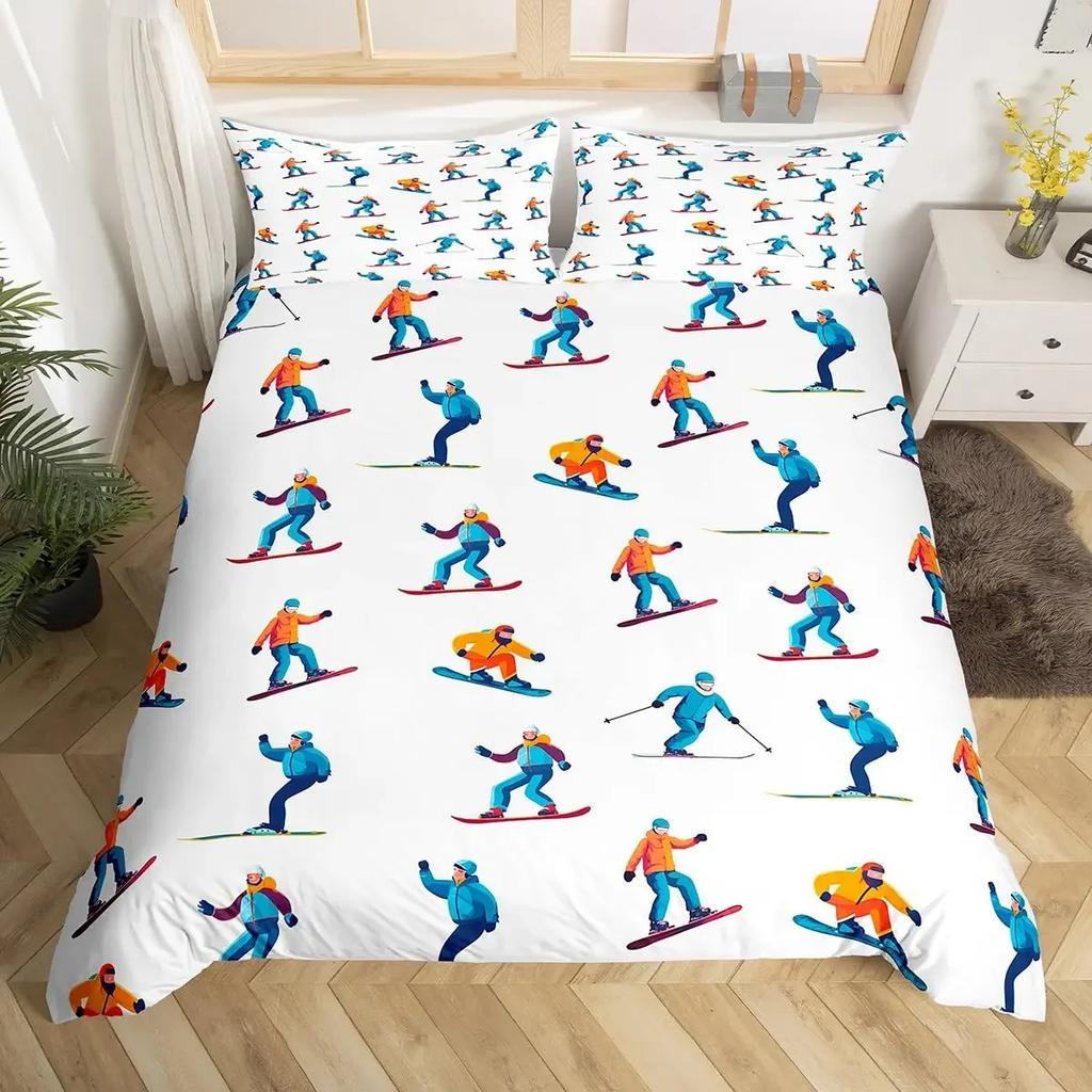 Ski Sports Duvet Cover Queen For Boy Teen Winter Sports Ski Theme Comforter Cover Microfiber Snow Mountain Landscape Bedding Set