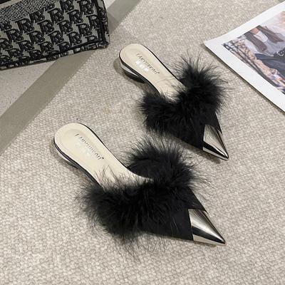 Fashion New Style Fashion Pointy Mule Shoes Women's Fluffy Summer Dress Elegant Slingback Sandals Party Simple and Shallow Cut Style