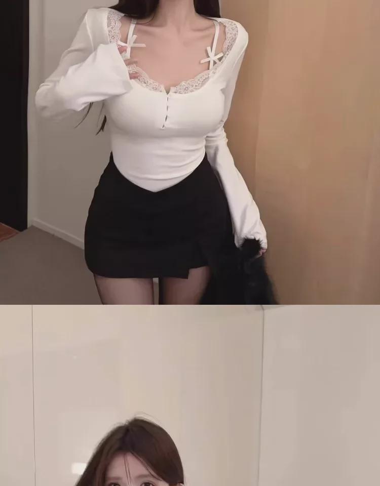 Sexy Lace Slim Fit Two-Piece Style Long-Sleeve T-Shirt: This Year's Trendy Must-Have