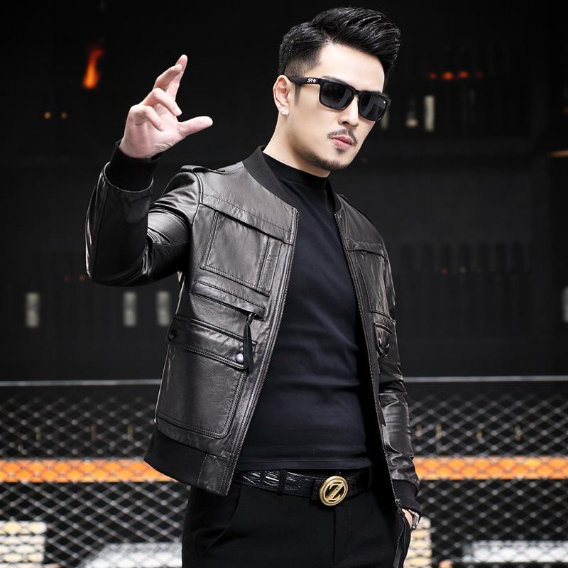 Spring and Autumn New Leather Jacket Men's Stand Collar Short Baseball Collar Motorcycle Leather Jacket Haining Hunting Thin Slim Jacket