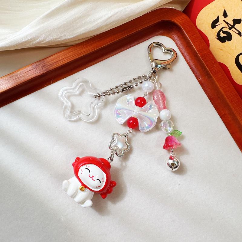 Cute Cartoon Lucky Cat Bead Keychain Kawaii Kitten Mobile Phone Chain Backpack Pendant Car Key Chain Accessories Gifts
