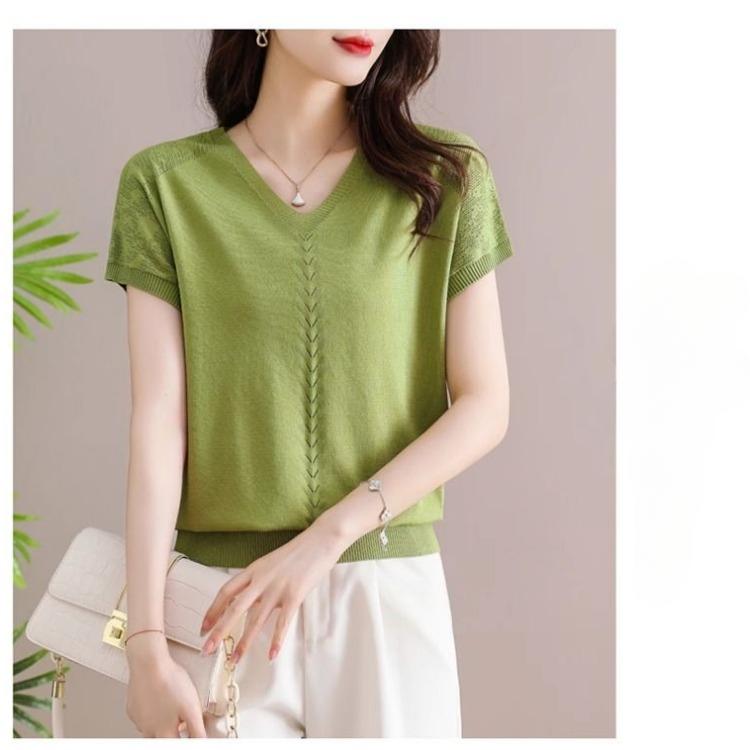 Women's Knitted T-shirt V-neck Summer New Short Loose Base Shirt Thin Ice Silk Knitted Top
