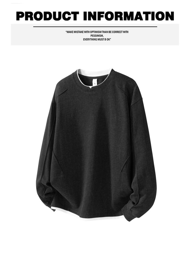 Men's Black Gray Hoodie - Trendy Washed Fabric, Fake Two-Piece Design, 260g