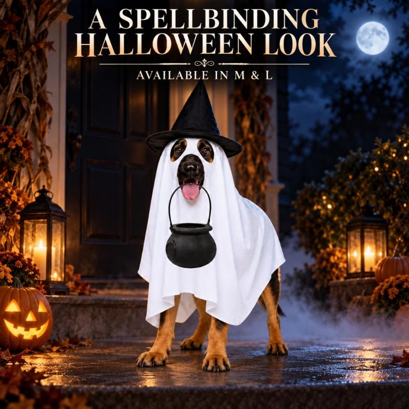 Dog Costume Set with Draped White Garment, Black Pointed Hat, Candy Bucket, and Structure Without Ties or Zippers