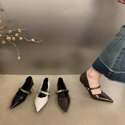 Pointed Low-heeled Single Shoes Women's 2024 Autumn New Korean Version Retro One-word Buckle with Skirt Shallow Mouth Mary Jane Shoes