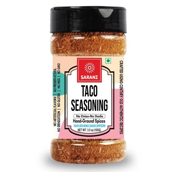 SARANZ Taco Mix Jain Exotic Jain Seasoning Perfect for Snacks, Appetizers, Savouries, Entrees, Main Dishes Aromatic-100 Grams Sprinkler Jar
