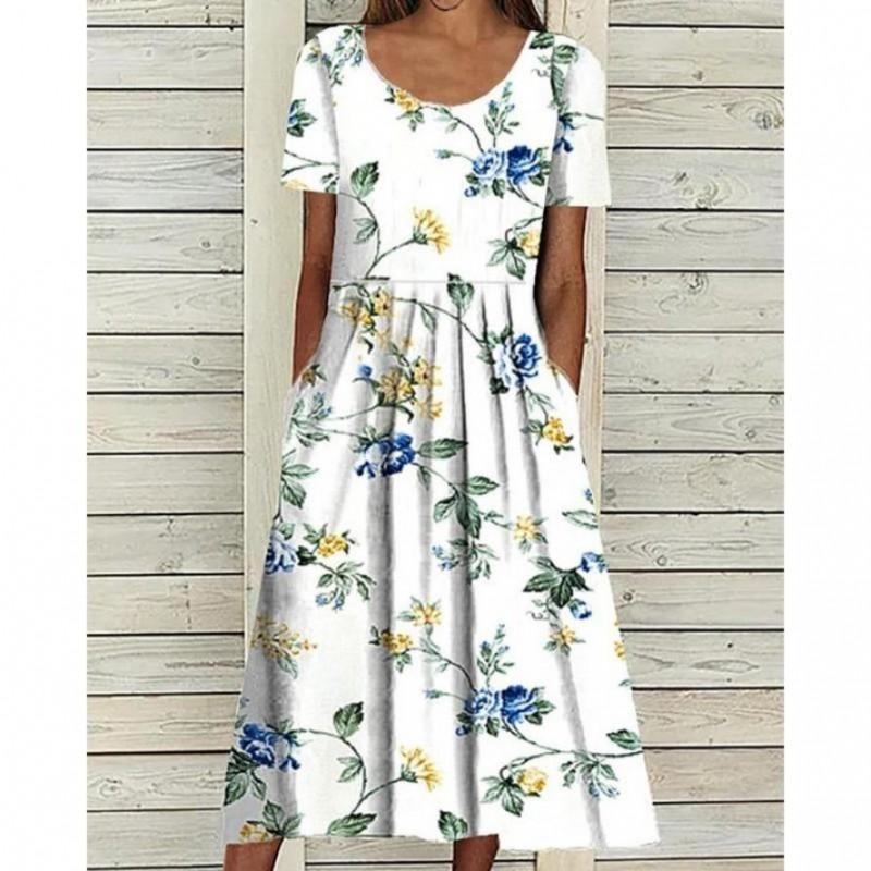 Vestito casual da donna con stampa floreale, manica corta, girocollo, vestibilità larga, leggero, stile boho, taglie forti
