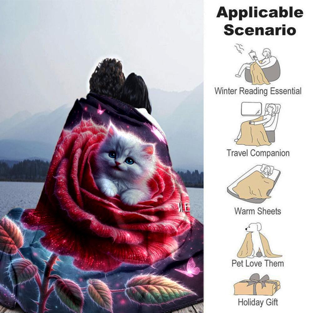 Cute Kitten In Glowing Red Rose Starry Sky Print Flannel Fleece Blanket Fantasy Floral Animal Soft Warm Throw Blanket Sofa Bedroom Home Decor Gift