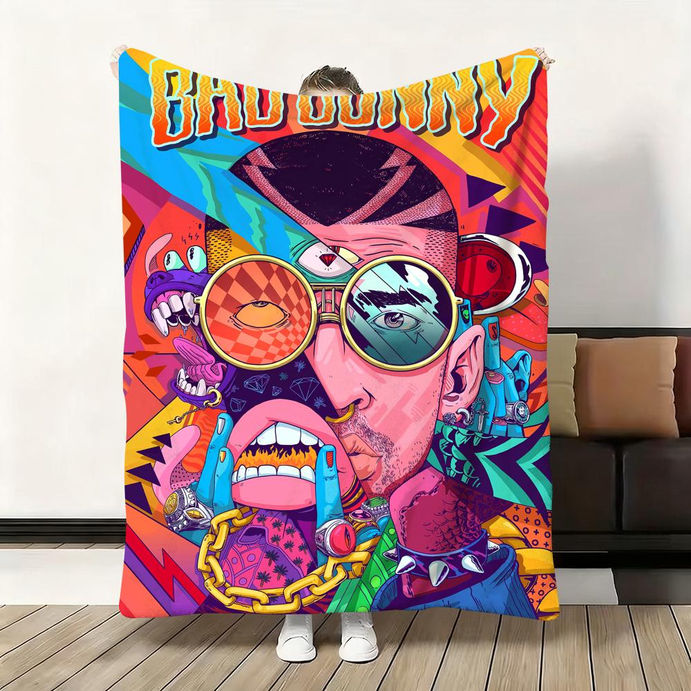 Rapper Bad Bunny Throw Soft Flannel Blanket Warm Knee Skin-Friendly Throw for Sofa Office Bed Traveling Winter Oversize