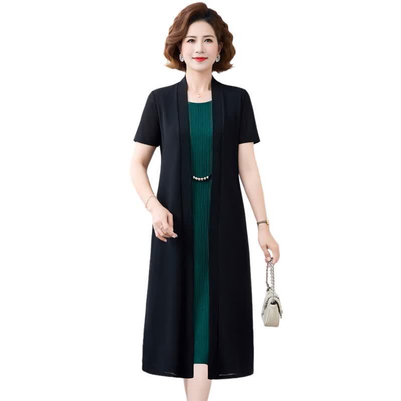 Elegant Faux Two-piece Short-Sleeve Dress for Middle-Aged Women