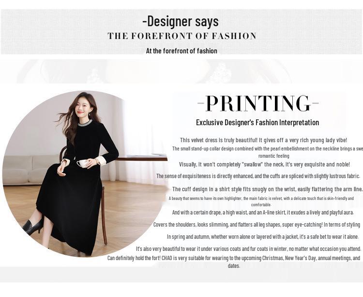 Hepburn Style Black Velvet Long Sleeve Dress - French High-End Autumn/Winter Women's Waist-Cinched Slimming Gown