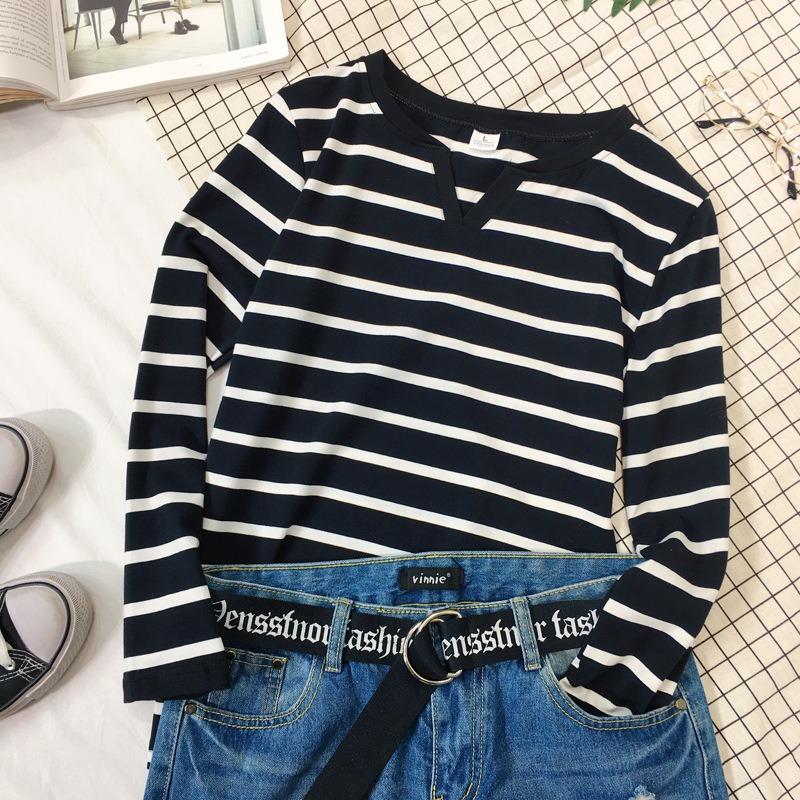

Spring and Autumn Women s Round Neck Striped Long Sleeved T-shirt XXL