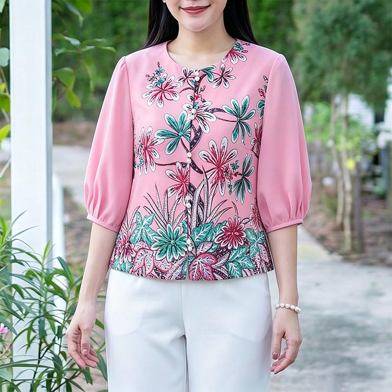 ZANZEA Women Casual Round Neck 3/4 Sleeve Loose Print Blouse
