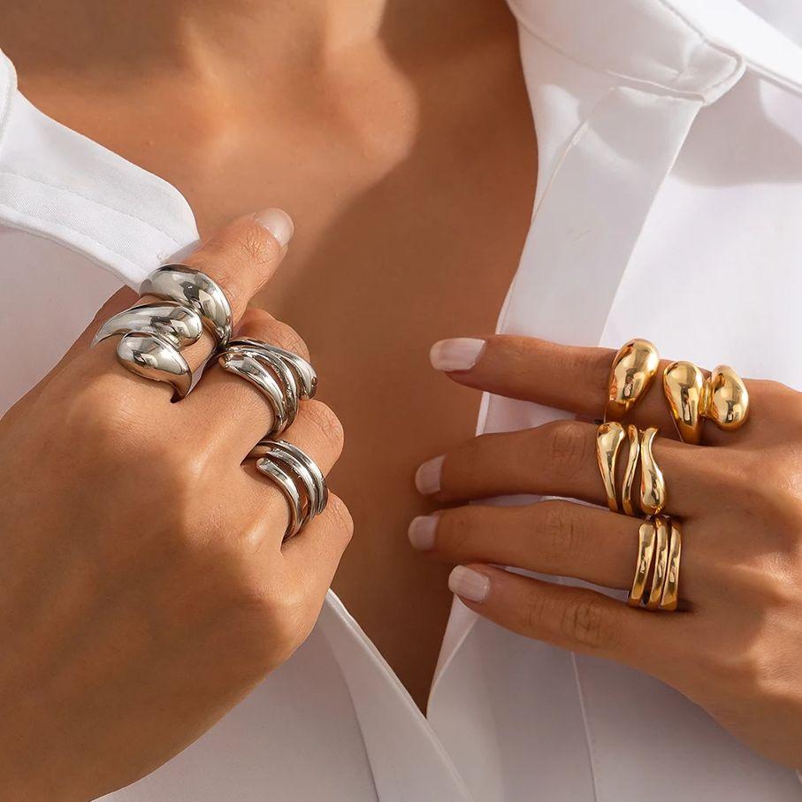Ingemark Minimalism Hollow Water Droplet Curved Surface Rings Women Punk Simple Metal Irregular Chic Knuckle Ring Couple Jewelry