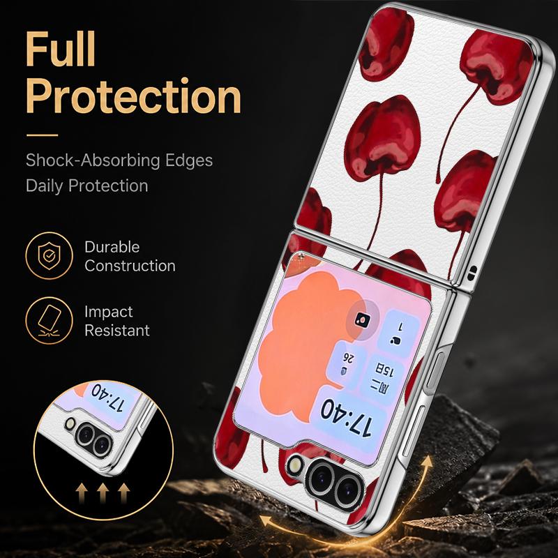 Cherry Fruits Print Case For Samsung Z Flip 8 7 6 5 Luxury Plating Leather Skin Folding Phone Cover For Galaxy Z Flip8 Flip7 Flip6