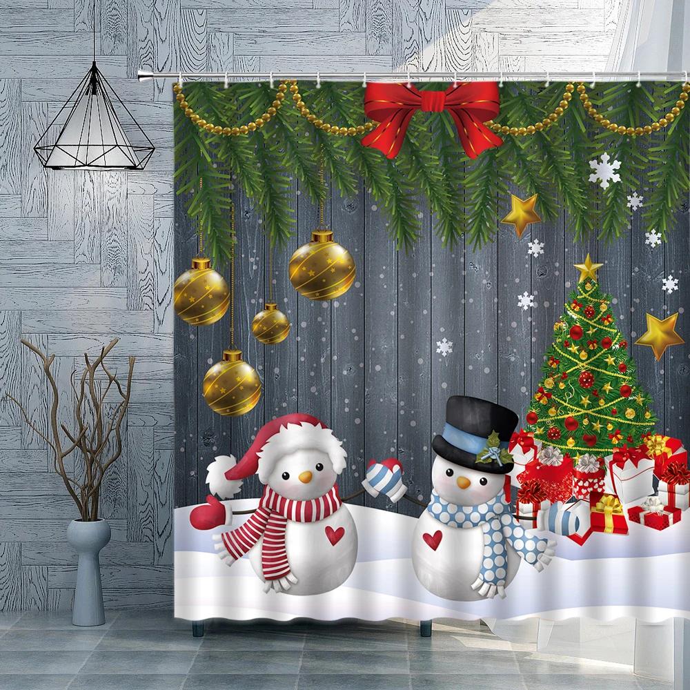 

Рождественский шар Сосновый Занавеска для душа Рождественский подарок Новогоднее украшение Снеговик Тканевый Набор аксессуаров для ванной Занавеска для ванной W90XH180cm