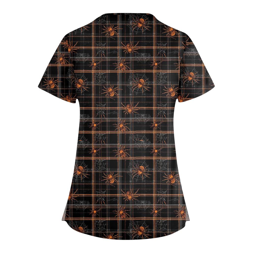 Women's Fashion  V-Neck Short Sleeve Overalls Double Pocket Halloween Printed Tops  Apparel