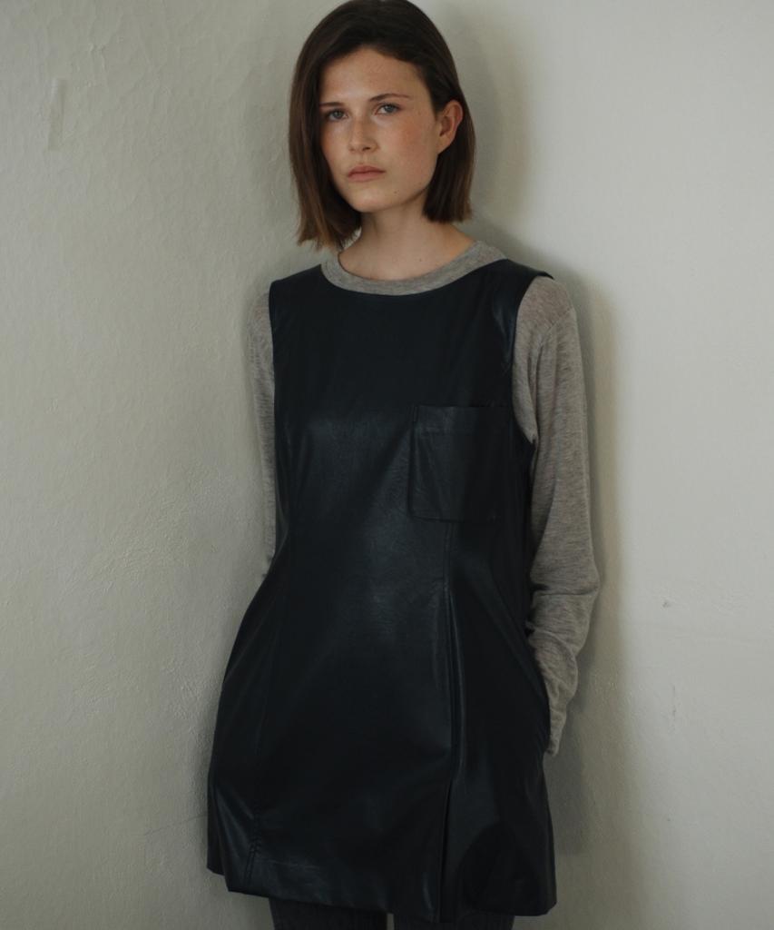 Anout Vegan Leather Baby Doll Dress Black