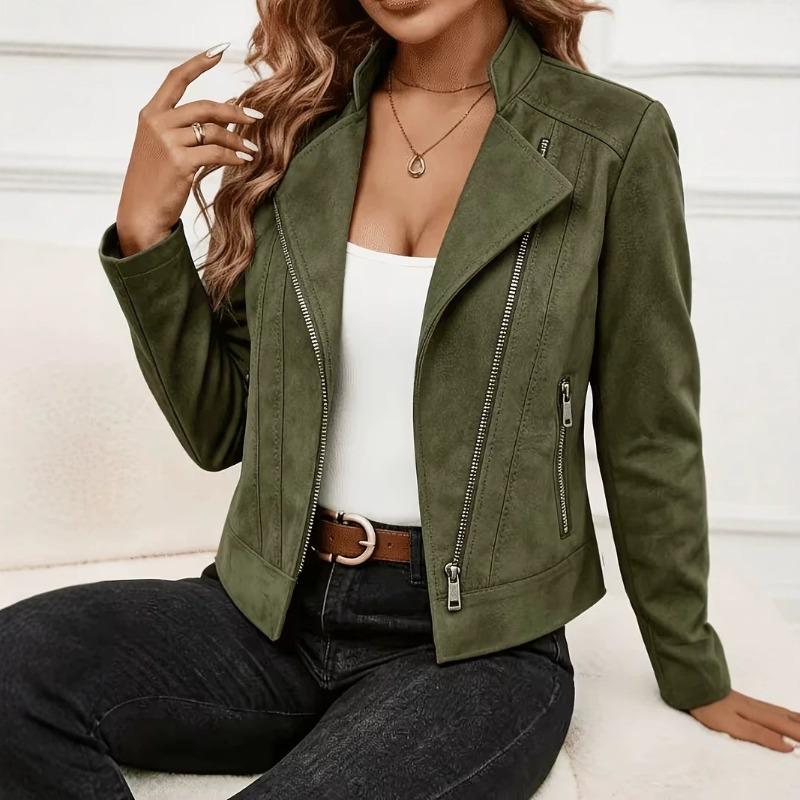 Women's clothing autumn and winter new suede solid color personalized lapel metal zipper jacket jacket