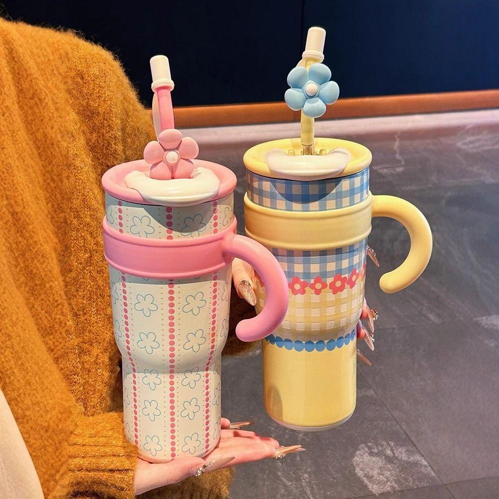 1200ml Thermos Water Bottle Stainless Steel Drinking Straw Cup Kawaii Thermos Cup  Travel