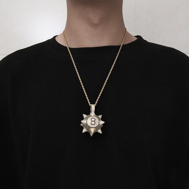 Copper Pendant Necklace With Full Zirconia Inlay Cartoon Black 8 Meteor Hammer Charm Hip Hop Trendy Ins Style Chain