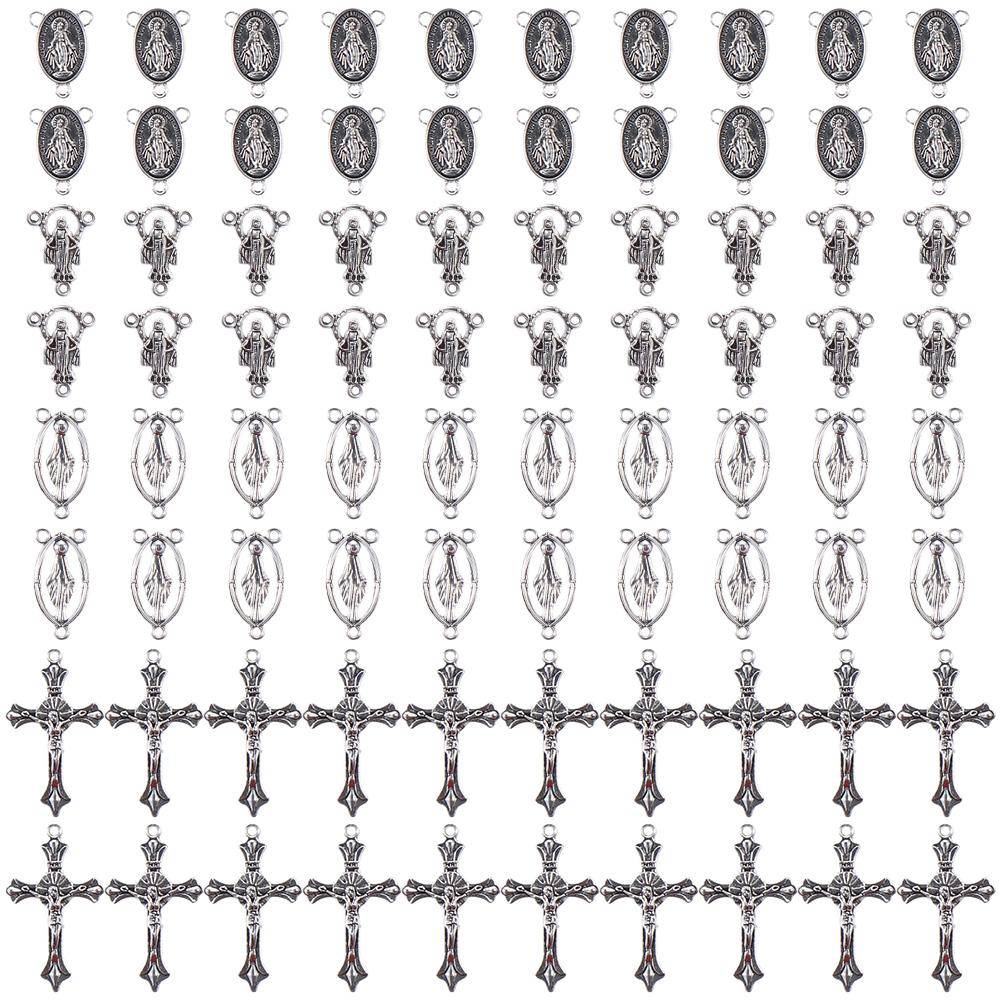 

80 Pcs Alloy Cross Pendant Charm 4Style Connector Links Jewelry Making with 3-Loop for Necklace
