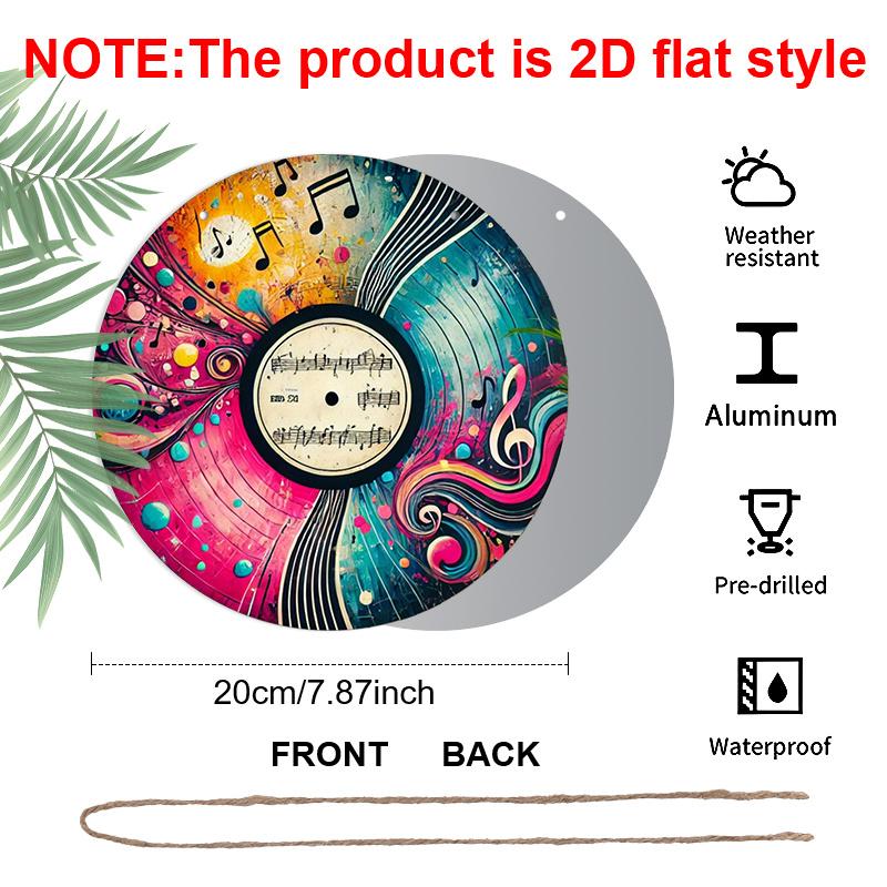 2D Flat, 1pc Vibrant Vinyl Record Round Aluminum Metal Sign, Abstract Music Notes & Swirl Art Design, Durable Weatherproof Wall Decor, Perfect for