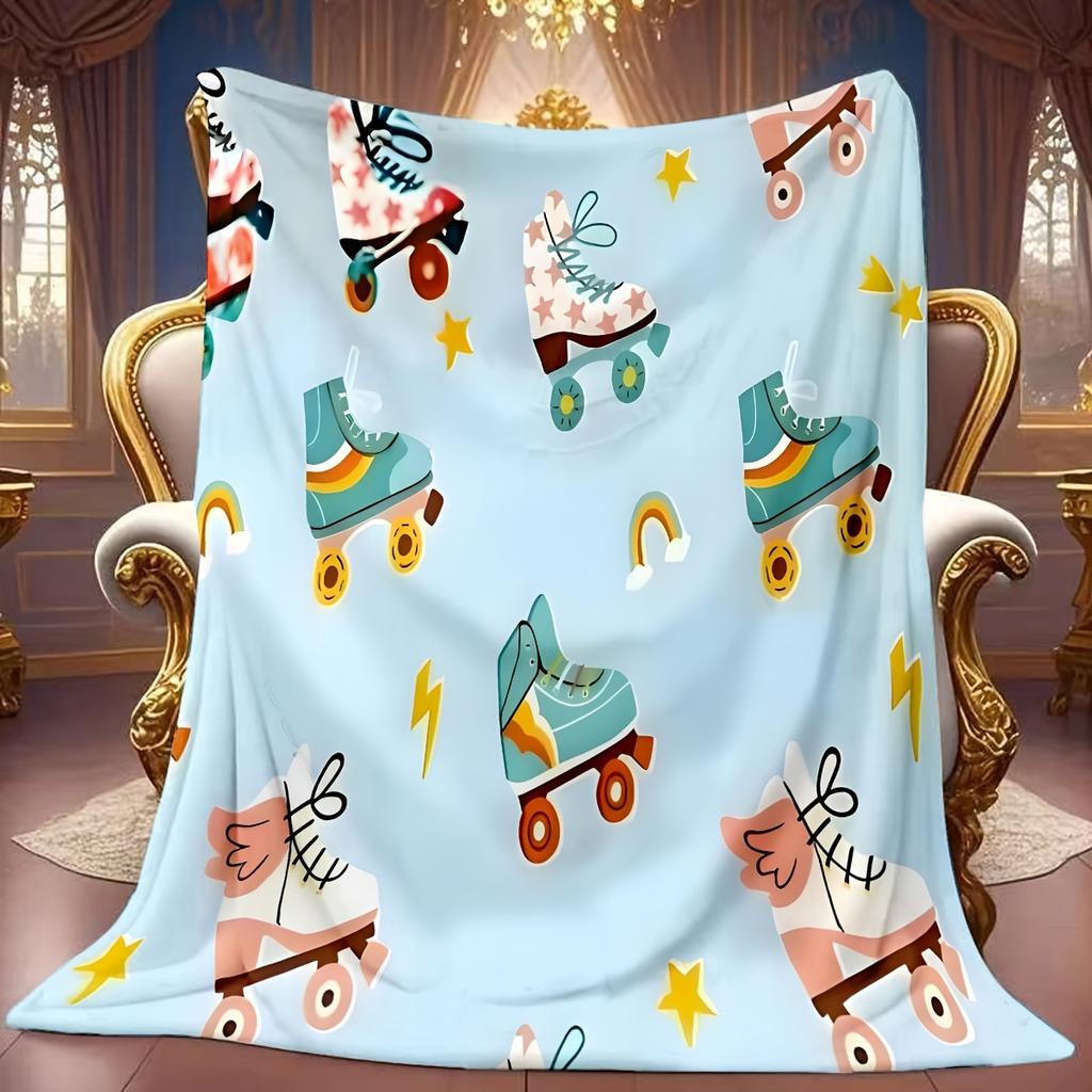 Roller Skate Themed Flannel Throw Blanket, Ultra Soft Microfiber Plush, All-Season, Digital Print, for Skating Enthusiasts, Home Office Gift