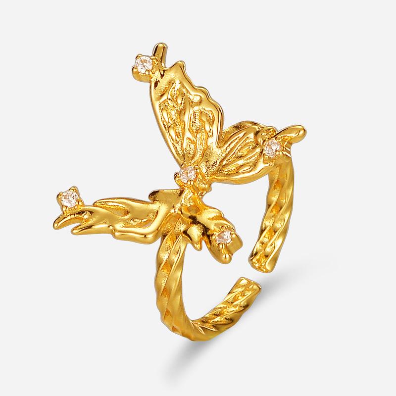 

Покрытое медью 18-каратное настоящее золото, французская ниша ретро элегантный темперамент циркон инкрустация бабочка открытое кольцо женские украшения на руку adjustable золотой