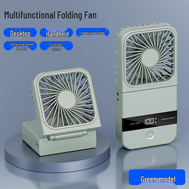 Three-Fold USB Handheld & Neck-Hanging Makeup Mirror Fan Includes: Powder Puff