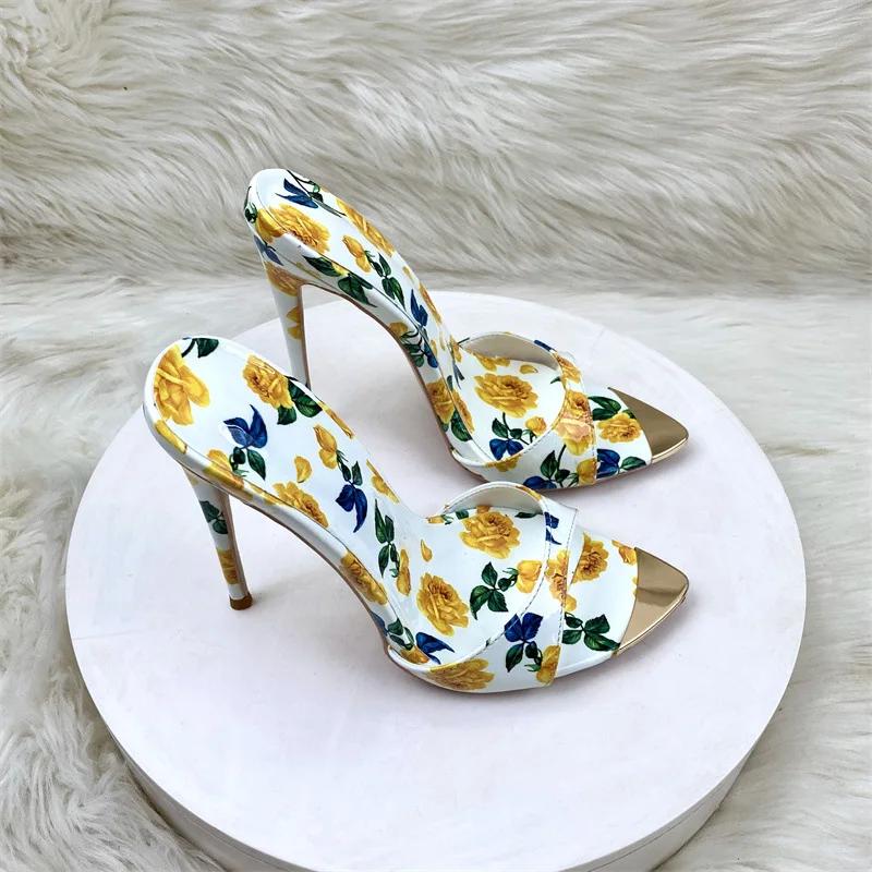 Sexy Fashionable Printed Slippers Shoes for Women's Sandals Summer Sexy Slippers Pointe Toe Thin Heels Stiletto Sandals 12cm