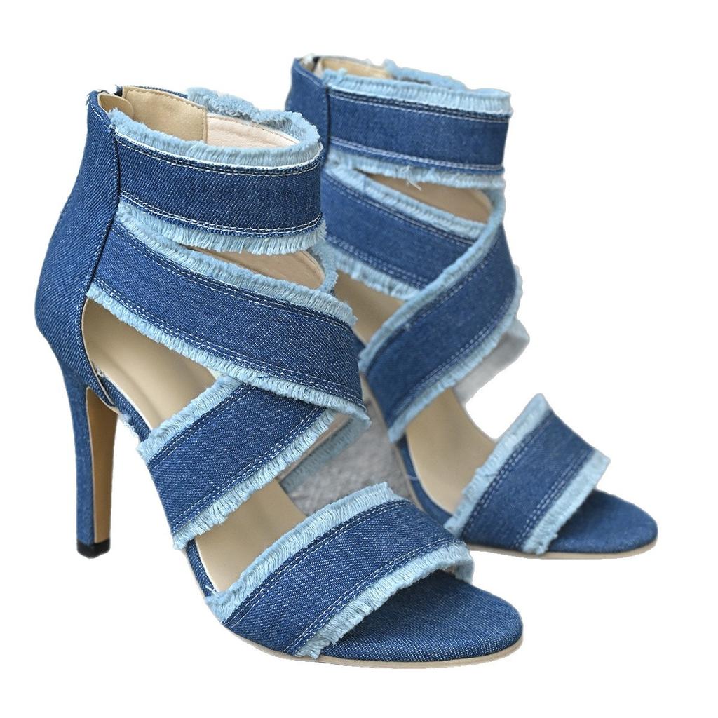 Mode Damenmode Cowboy Stiletto Sandalen Sommer Neu Runde Zehenpartie Offene Zehen Tasche mit Reißverschluss hinten Rutschfest Verschleißfest Hohe Absätze