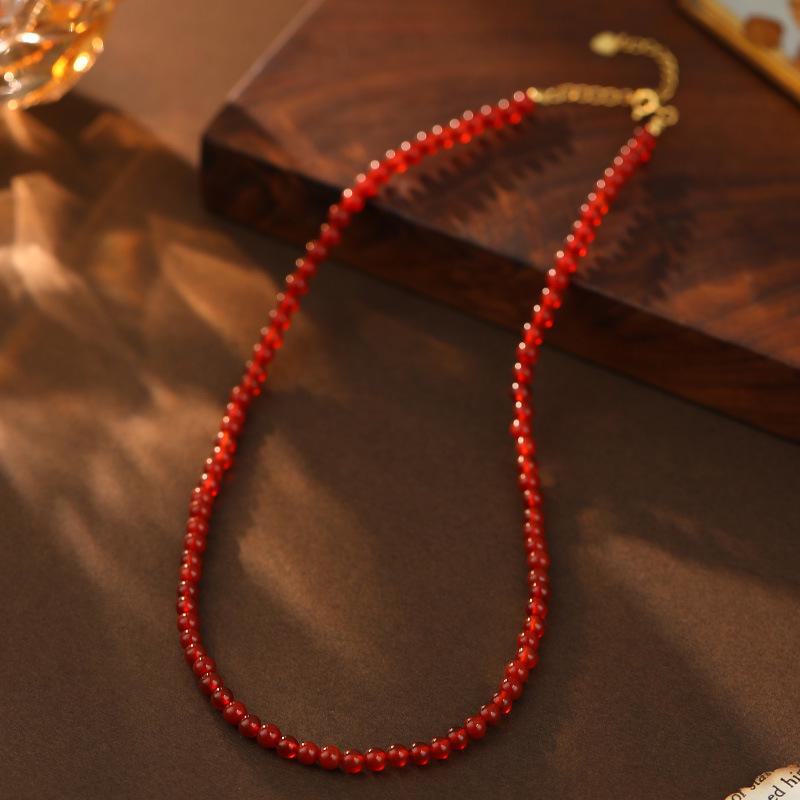 Banyan Tree S925 Silver Red Agate Beaded Necklace - Handmade Chinese Retro Clavicle Chain for Women