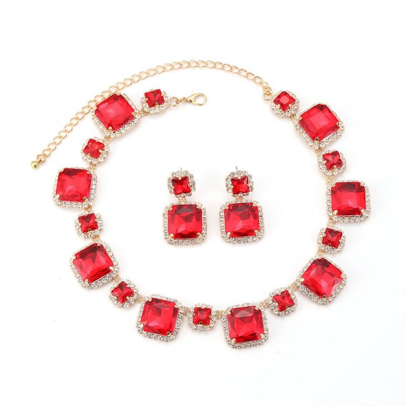 Elegant Green Red White Rhinestone Jewelry Set Women Fashion OL Style Earrings Necklace With Geometric Square Design