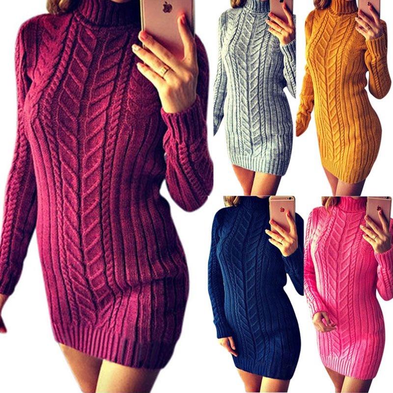 Winter And Autumn Fashion Long Sleeve High Collar Twist Slim Sweater Dress