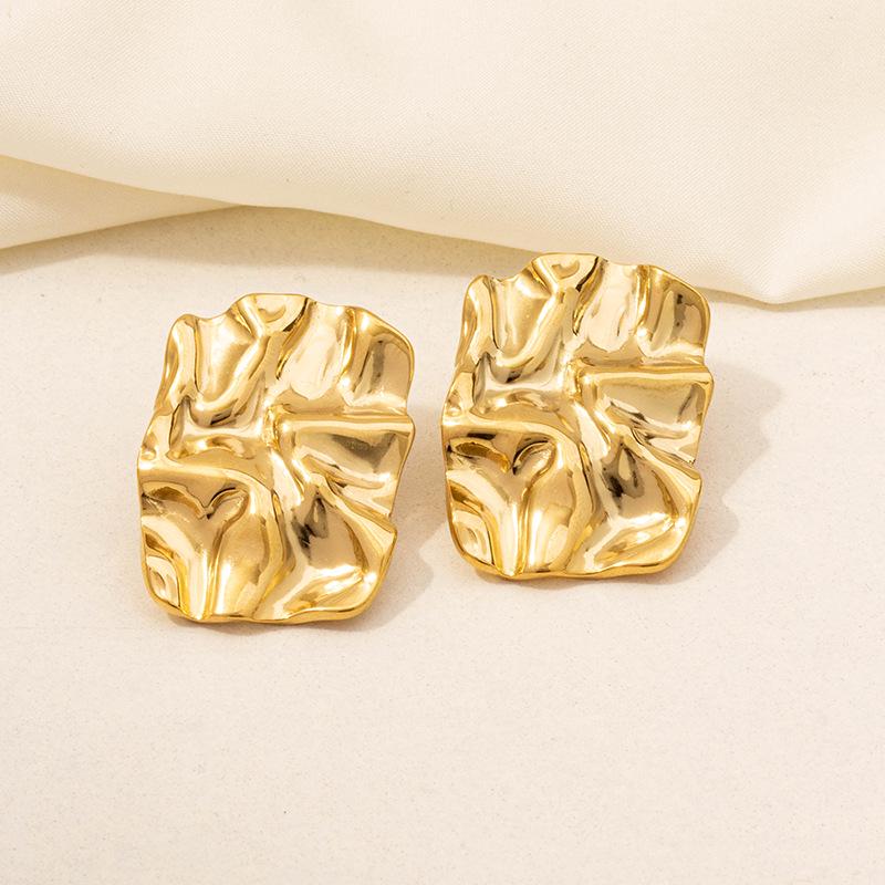 304 Stainless Steel Heart Stud Earrings - Pleated Irregular Design, 18k Gold Plated