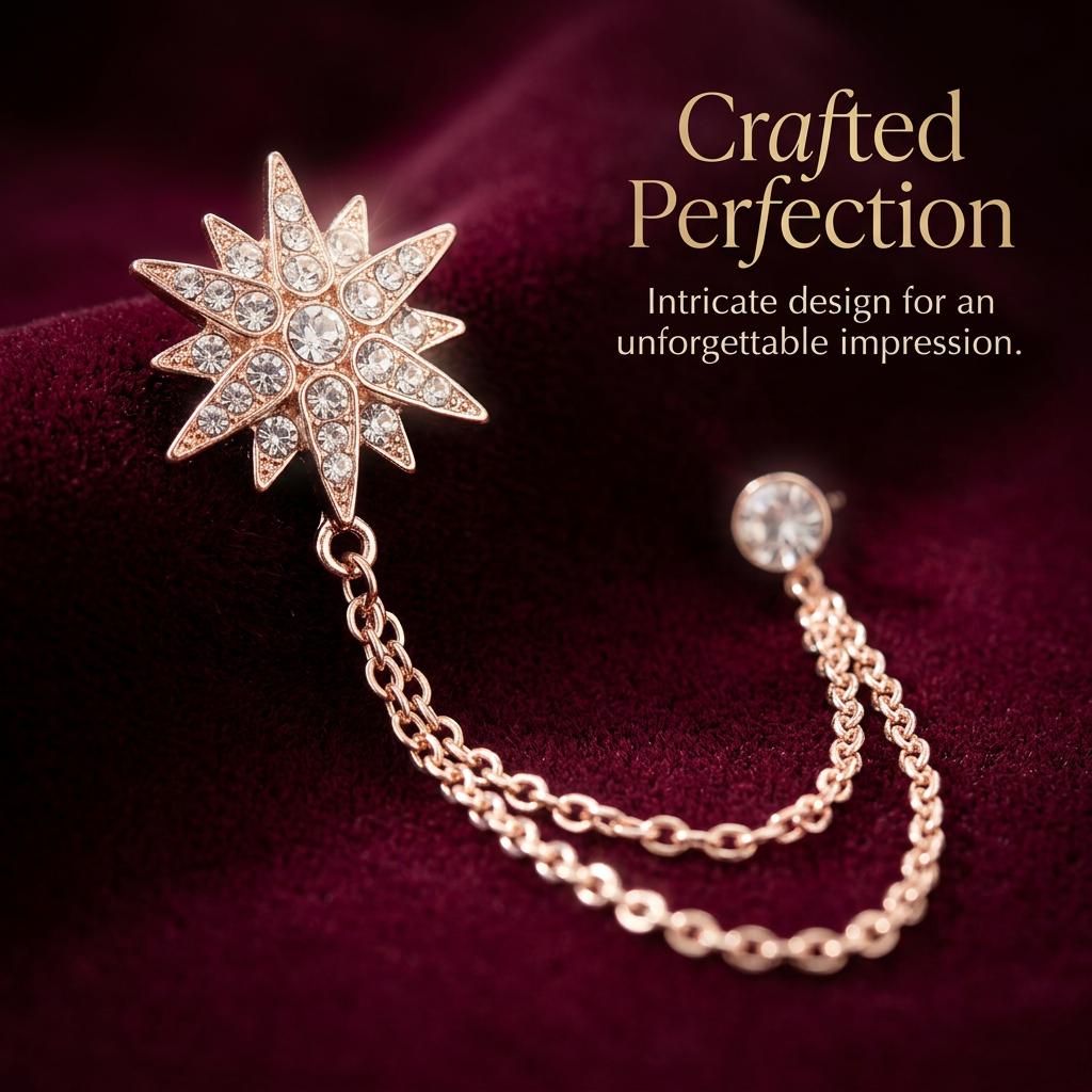 Star Lapel Pin Brooch with Tassel Chain, Rhinestone Embellished for Men's Suits, Alloy