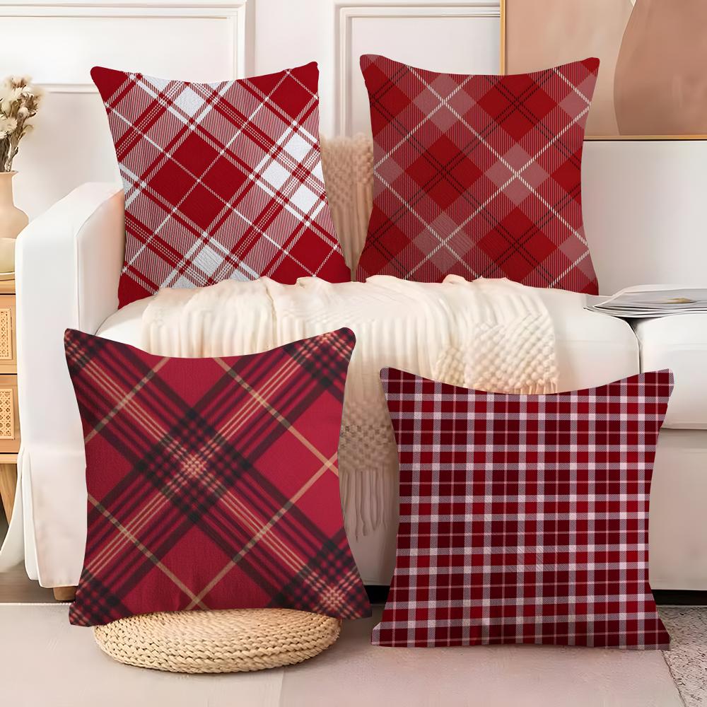 Red Plaid Cushion Cover Soft Plush Fabric Double-Sided Printed Sofa Cushion Cover for All Seasons Home Decor Gift