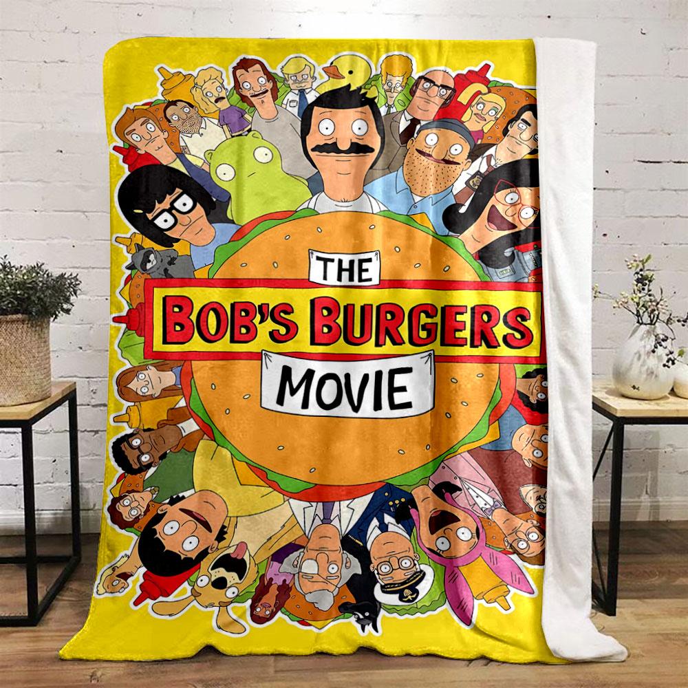 Collage of Cartoon Characters Surrounding a Burger On a Yellow Background. for All Seasons Blanket Lunch Break Throw Gift