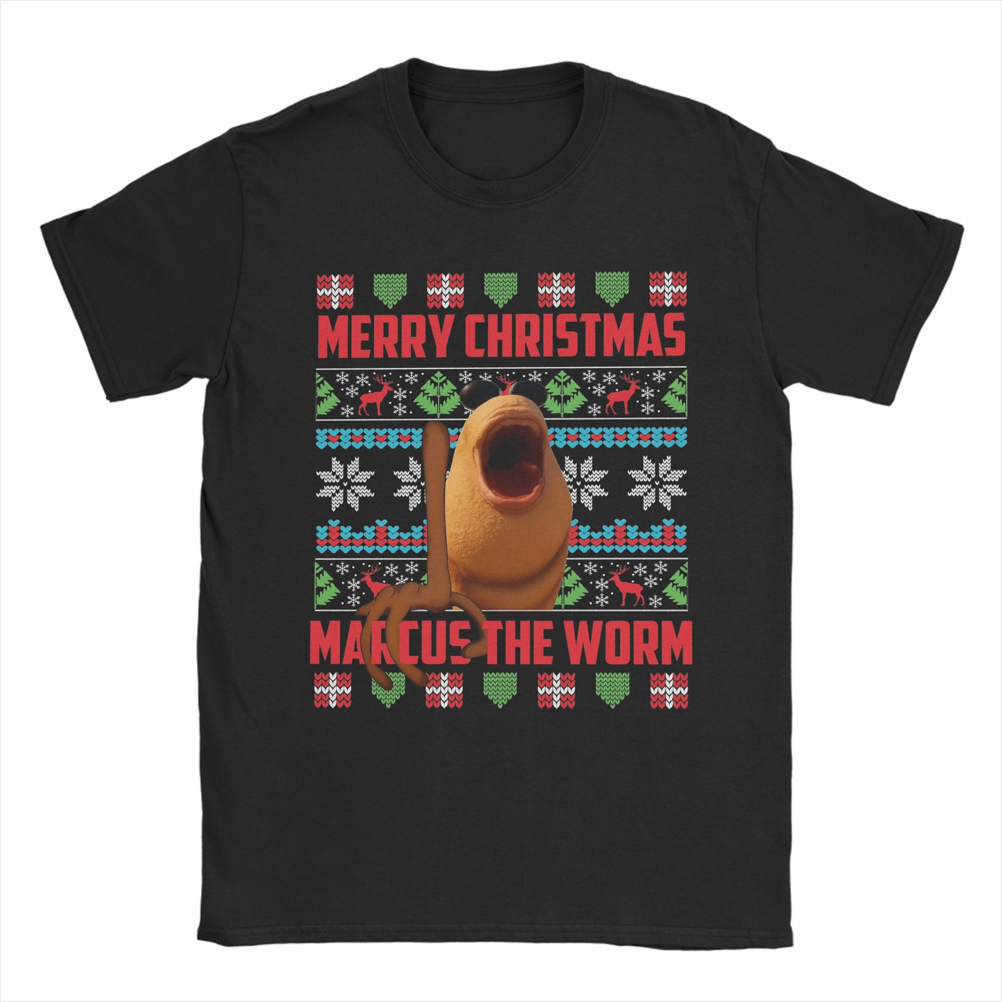 

Marcus The Worm Xmas Christmas T-Shirt for Men Humor 100% Cotton Tee Shirt Round Neck Short Sleeve T Shirts Party Clothing 4XL