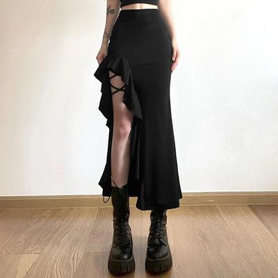 Gotischer Schwarzer Hoher Bund Bodycon Midirock E-Girl Punk Rüschen Schlitz A-Linie Röcke Y2K Mode Damen Streetwear Unterteile KTB