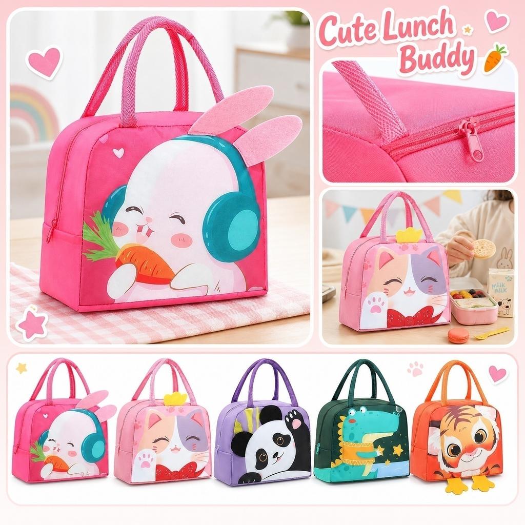 Oxford Fabric Cartoon Lunch Bag Portable Handheld Insulated Lunch Tote for Kids and Adults with Zipper Closure and Easy Carry Handles