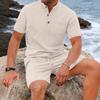 Men's Plus Size Waffle Henley Shirt & Shorts Set - Solid Color, Breathable, Casual.