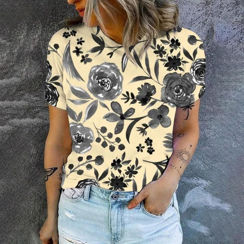 Summer Fashion Women's T-Shirt Floral 3D Printed Short Sleeve Tops Girl Loose Casual Loose Oversize Outdoor Clothing