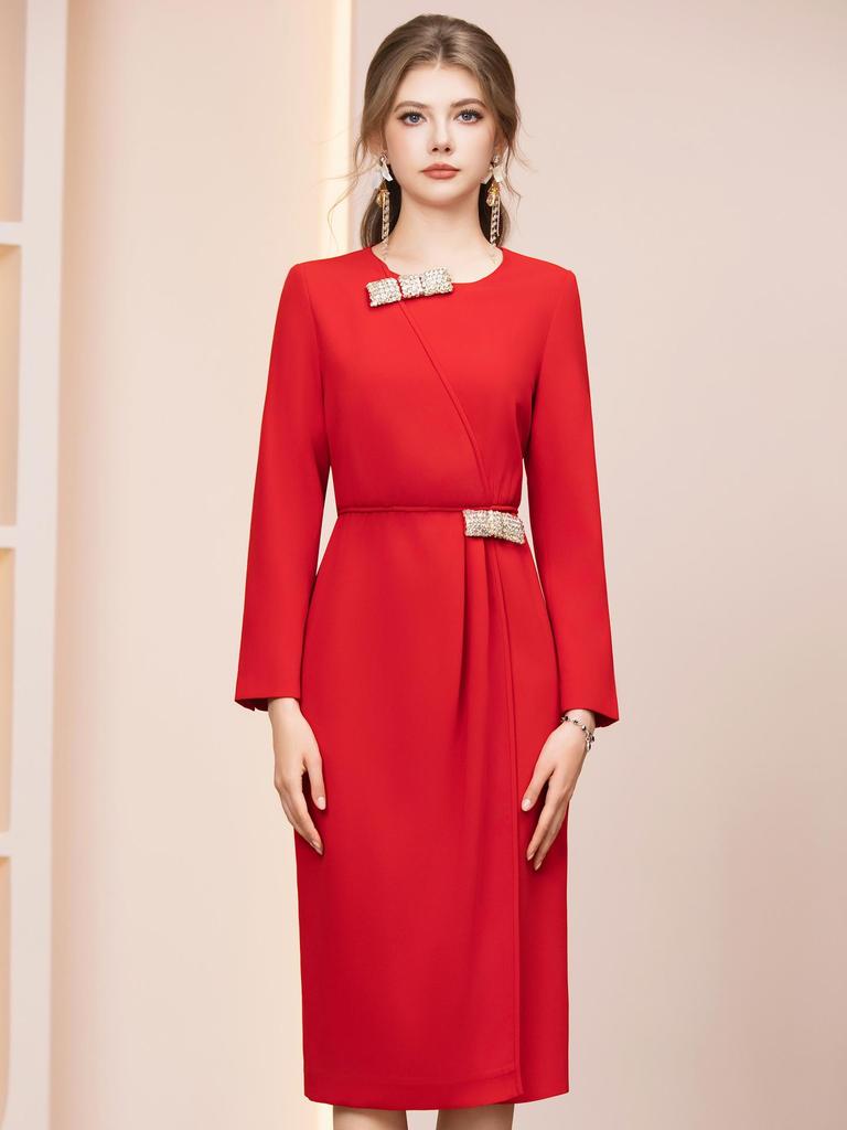 Zhi Li's Red Rhinestone Embellished High-Waisted Midi Dress for Special Occasions - Spring 2026 Arrival
