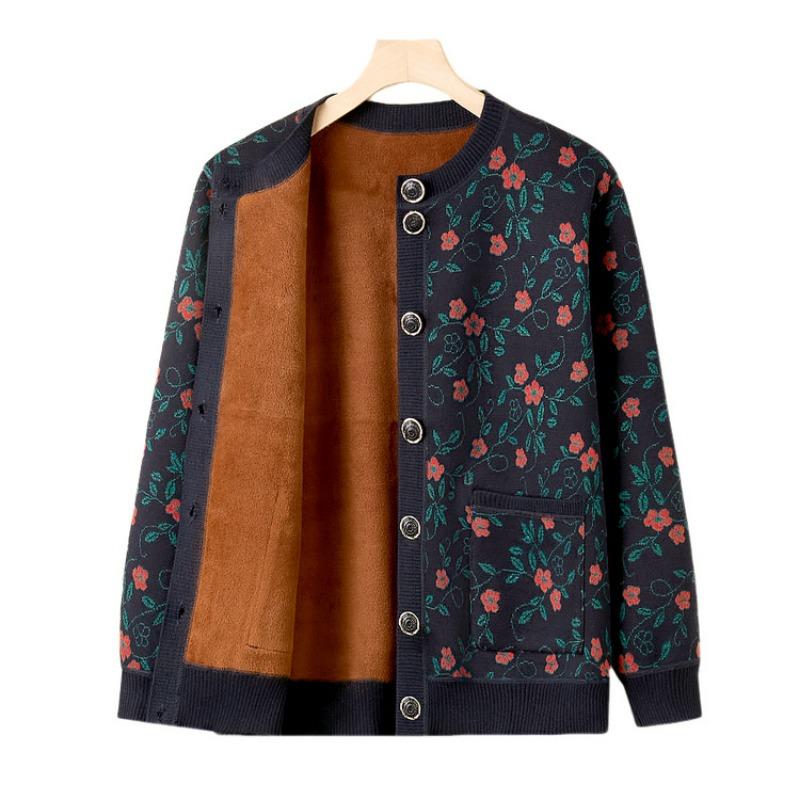 Middle-aged elderly knitted cardigan sweater mother outfit piled thickened elderly clothes grandma autumn and winter coat women's