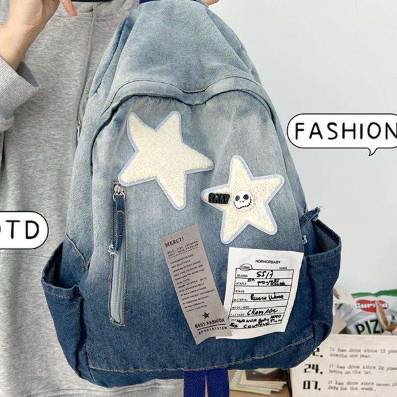 Gradientní džínový hvězdný batoh ve vintage stylu, unisex školní taška pro teenagery a vysokoškoláky, lehký prodyšný cestovní denní batoh