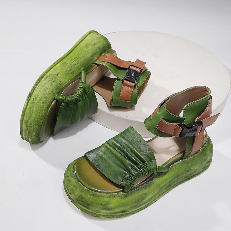 

GKTINOO 6.5cm Cow Genuine Leather Summer Ankle Booties Round Summer Sandals Mary Jane Platform Wedge Buckle Women Shoes 9